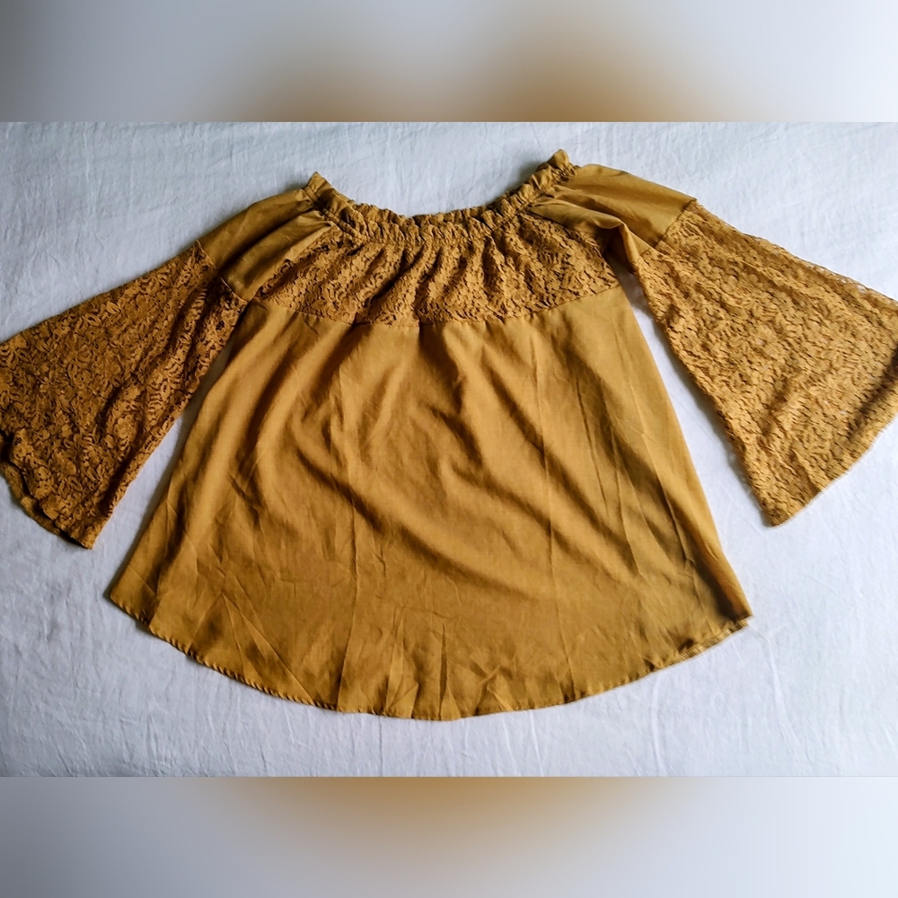 NWOT SOUL FLOWER Sz 2X MUSTARD BOHO BELL-SLEEVE WOMEN'S TOP